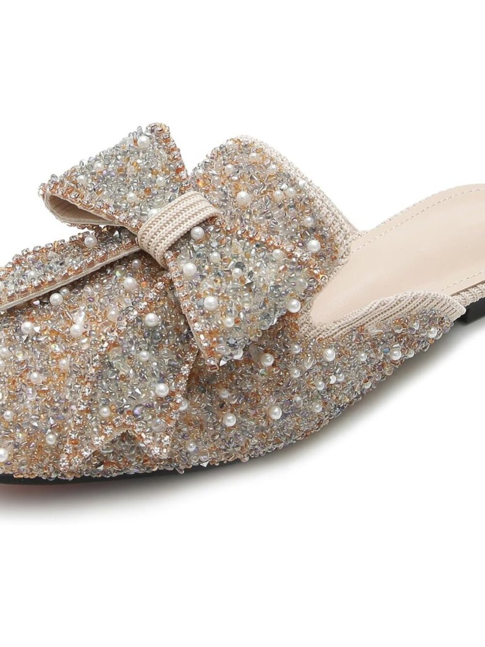 Women's Rhinestone Bow Flat Mules Comfortable Square Toe Slip on Penny Loafers L